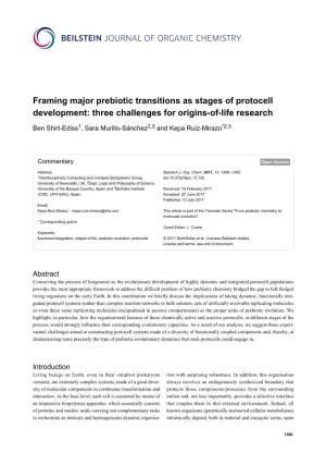 Framing Major Prebiotic Transitions As Stages of Protocell Development: Three Challenges for Origins-Of-Life Research