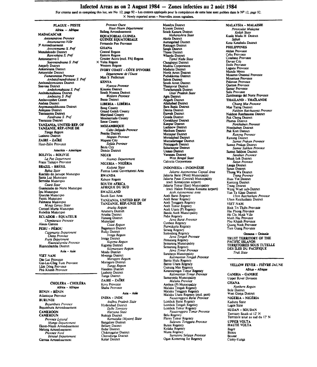 Infected Areas As on 2 August 1984 — Zones Infectées Au 2 Août 1984 for Cntena Used in Compiling This List, See No 12