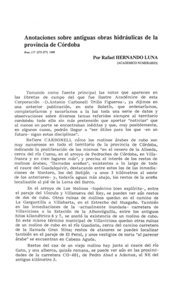 Anotaciones Sobre Antiguas Obras Hidráulicas De La Provincia De Córdoba