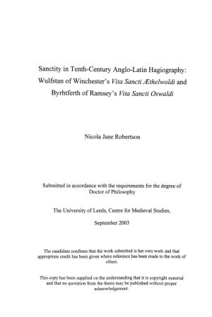 Sanctity in Tenth-Century Anglo-Latin Hagiography: Wulfstan of Winchester's Vita Sancti Eethelwoldi and Byrhtferth of Ramsey's Vita Sancti Oswaldi
