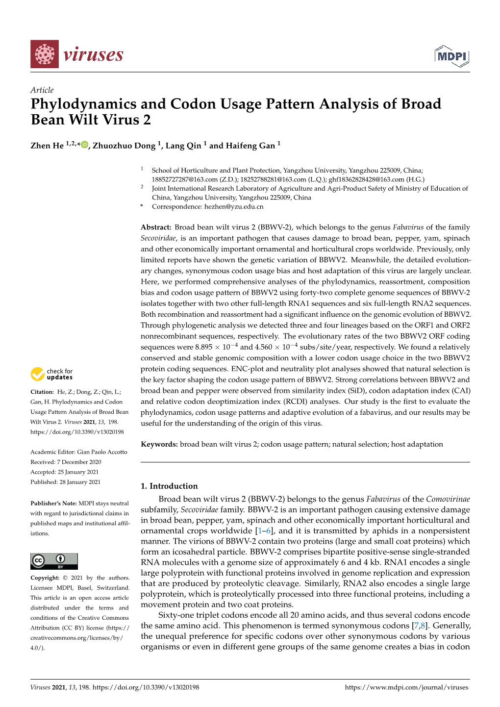 Phylodynamics and Codon Usage Pattern Analysis of Broad Bean Wilt Virus 2