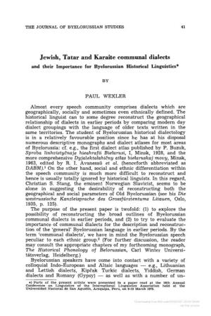 Jewish, Tatar and Karaite Communal Dialects and Their Importance for Byelorussian Historical Linguistics*