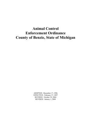 Animal Control Enforcement Ordinance County of Benzie, State of Michigan