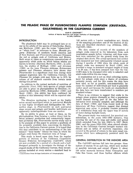 The Pelagic Phase of Pleuroncodes Planipes Stimpson (Crustacea, Galatheidae) in the California Current