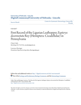 First Record of the Ligurian Leafhopper, &lt;I&gt;Eupteryx