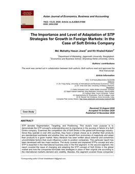 The Importance and Level of Adaptation of STP Strategies for Growth in Foreign Markets: in the Case of Soft Drinks Company