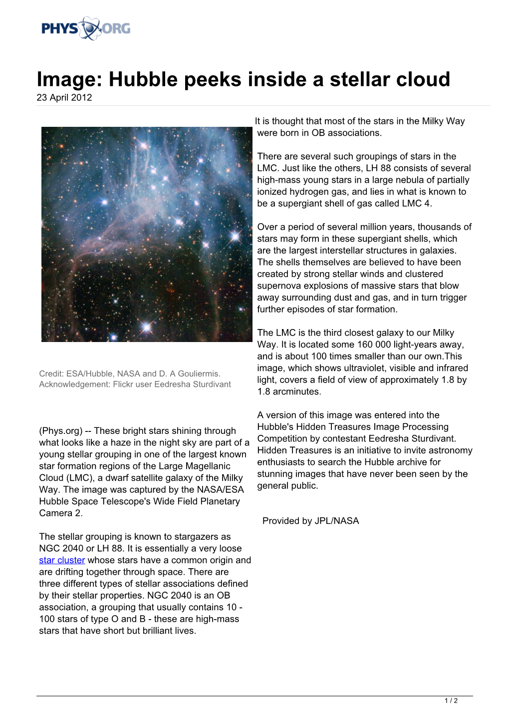 Hubble Peeks Inside a Stellar Cloud 23 April 2012