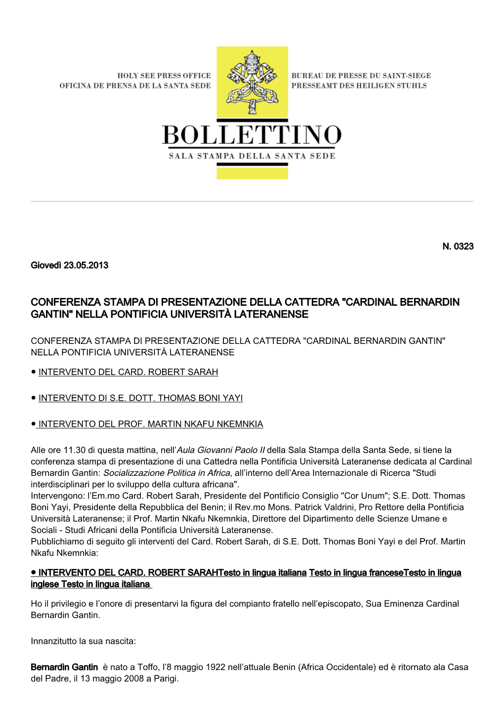 Cardinal Bernardin Gantin" Nella Pontificia Università Lateranense