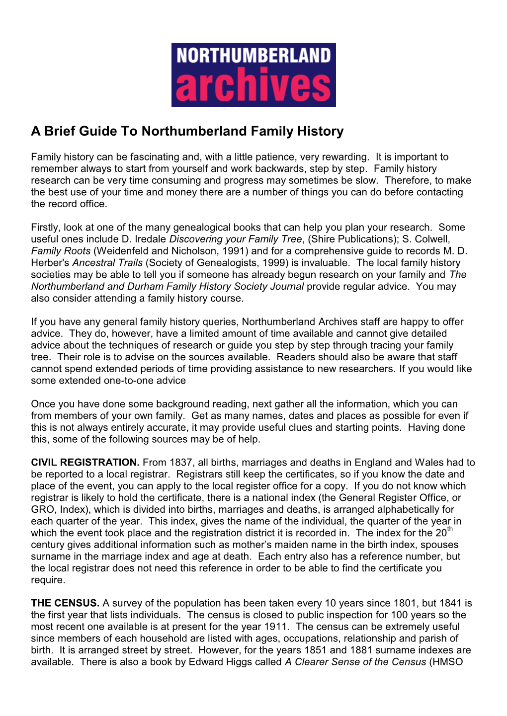 A Brief Guide to Northumberland Family History