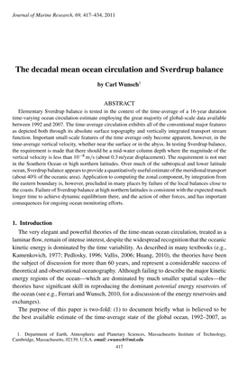 The Decadal Mean Ocean Circulation and Sverdrup Balance