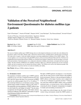Validation of the Perceived Neighborhood Environment Questionnaire for Diabetes Mellitus Type 2 Patients