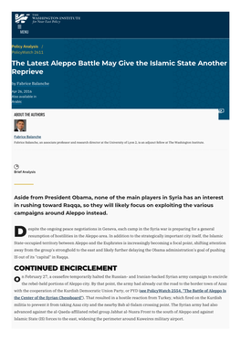 The Latest Aleppo Battle May Give the Islamic State Another Reprieve | the Washington Institute