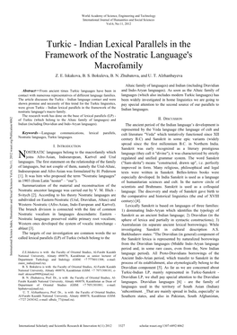 Turkic - Indian Lexical Parallels in the Framework of the Nostratic Language's Macrofamily Z