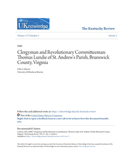 Clergyman and Revolutionary Committeeman: Thomas Lundie of St. Andrew's Parish, Brunswick County, Virginia Otto Lohrenz University of Nebraska at Kearney