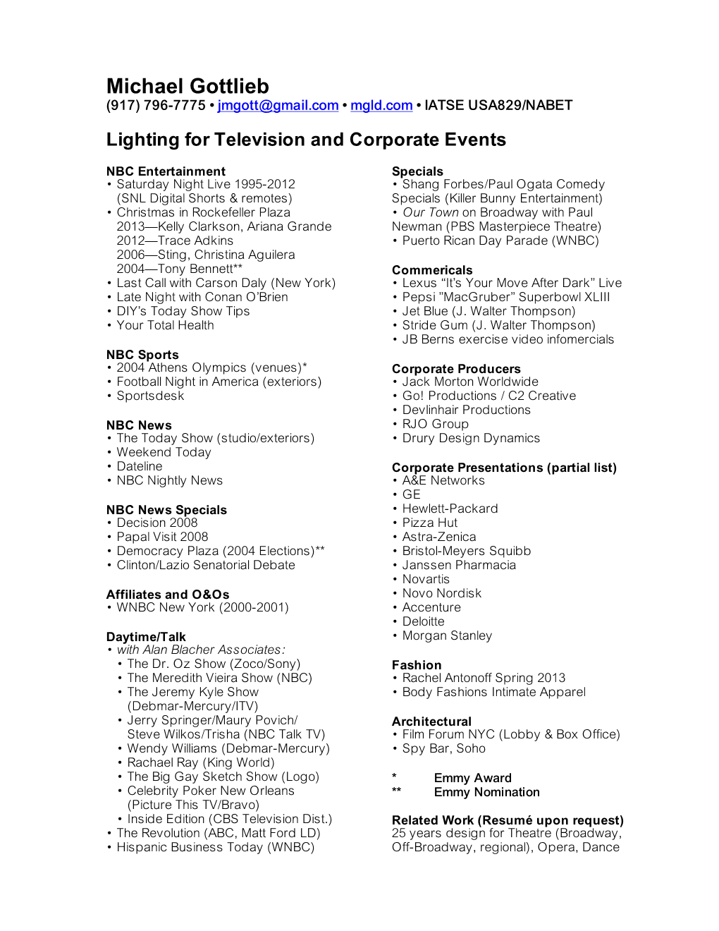 Michael Gottlieb TV+Corporate Ltg Credits 10-2018