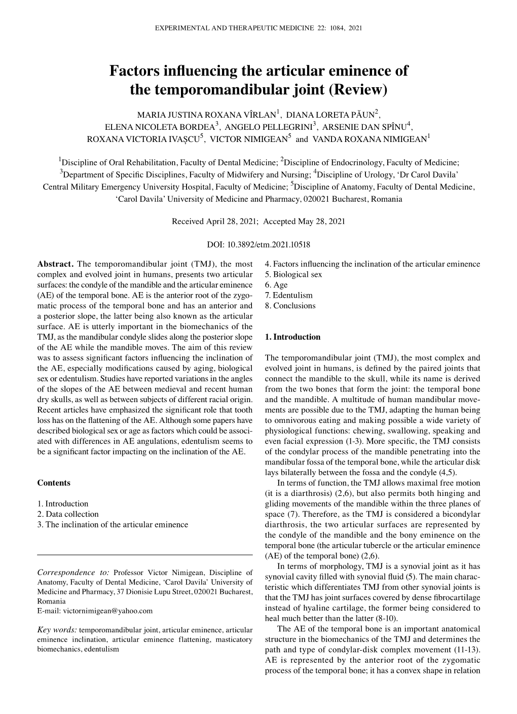 Factors Influencing the Articular Eminence of the Temporomandibular Joint (Review)