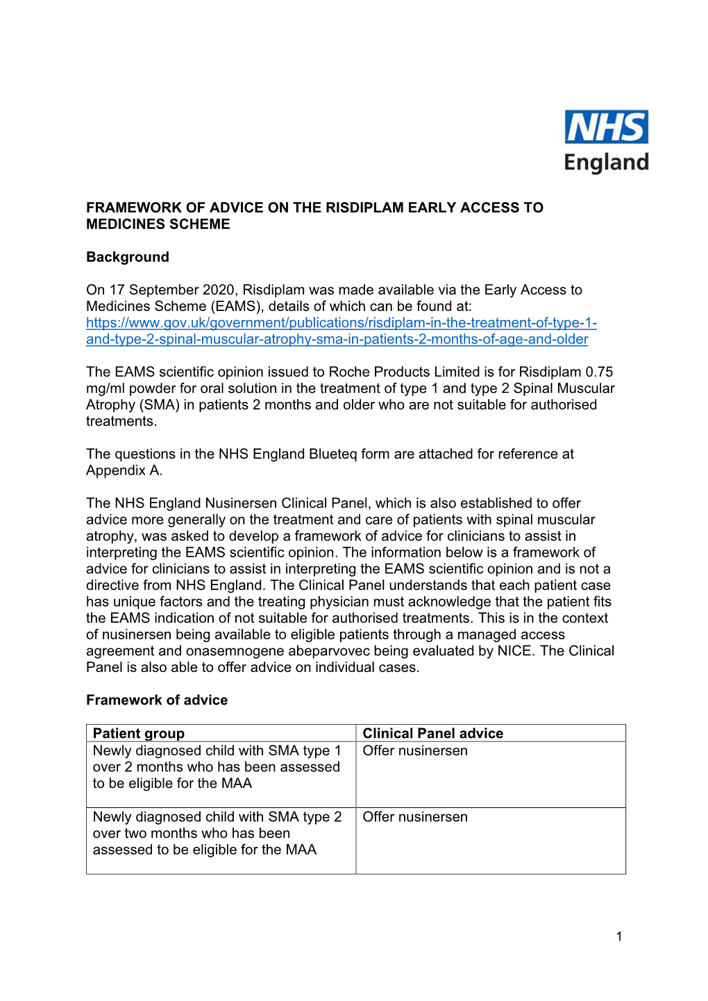 NHS England Risdiplam EAMS Framework