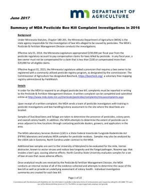 Summary of MDA Pesticide Bee Kill Complaint Investigations in 2016