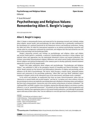 Psychotherapy and Religious Values: Remembering Allen E. Bergin's Legacy