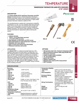 Temperature Immersion Thermistor and Rtd Sensors St-W* Series