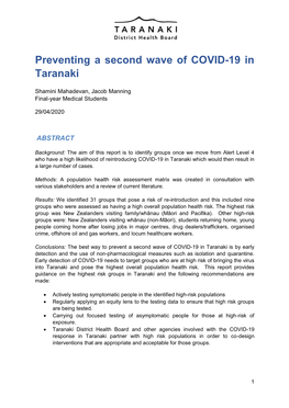 Preventing a Second Wave of COVID-19 in Taranaki