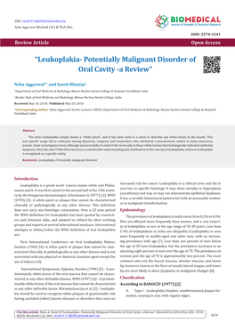 “Leukoplakia- Potentially Malignant Disorder of Oral Cavity -A Review”