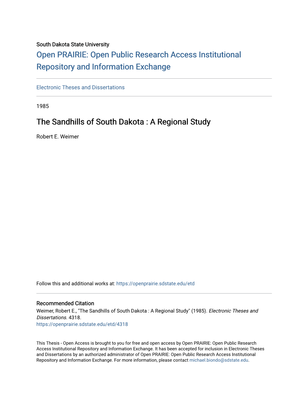 The Sandhills of South Dakota : a Regional Study