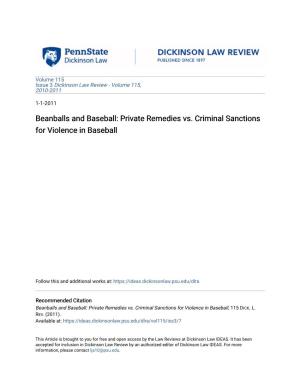 Beanballs and Baseball: Private Remedies Vs. Criminal Sanctions for Violence in Baseball
