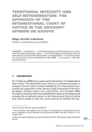 Territorial Integrity and Self-Determination: the Approach of the International Court of Justice in the Advisory Opinion on Kosovo