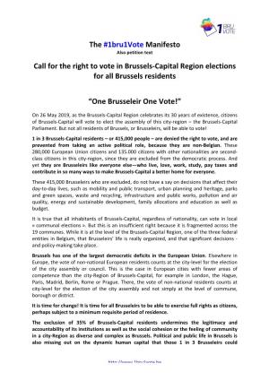 The #1Bru1vote Manifesto Call for the Right to Vote in Brussels-‐Capital R