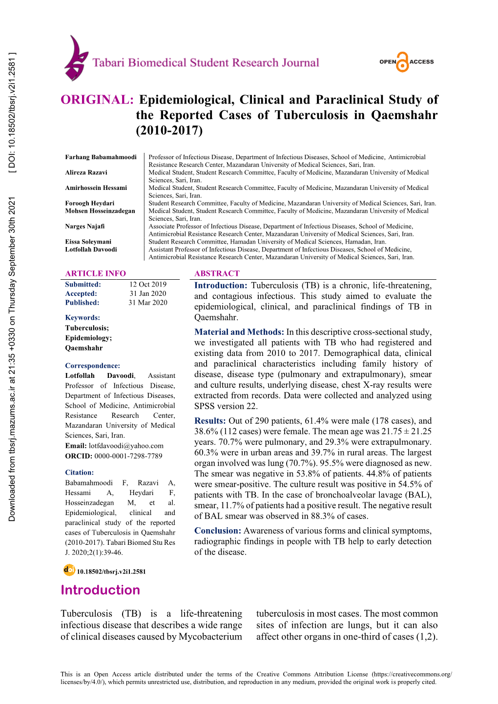 The Reported Cases of Tuberculosis in Qaemshahr (2010-2017)