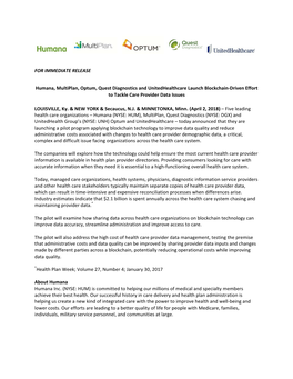 Humana, Multiplan, Optum, Quest Diagnostics and Unitedhealthcare Launch Blockchain‐Driven Effort to Tackle Care Provider Data Issues