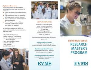 EVMS Biomedical Sciences Research Master's Program Brochure