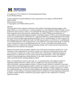 A Comparison of Two Methods of Teaching Beginning Reading by Earl William Britton a Thesis Submitted in Partial Fulfillment of T