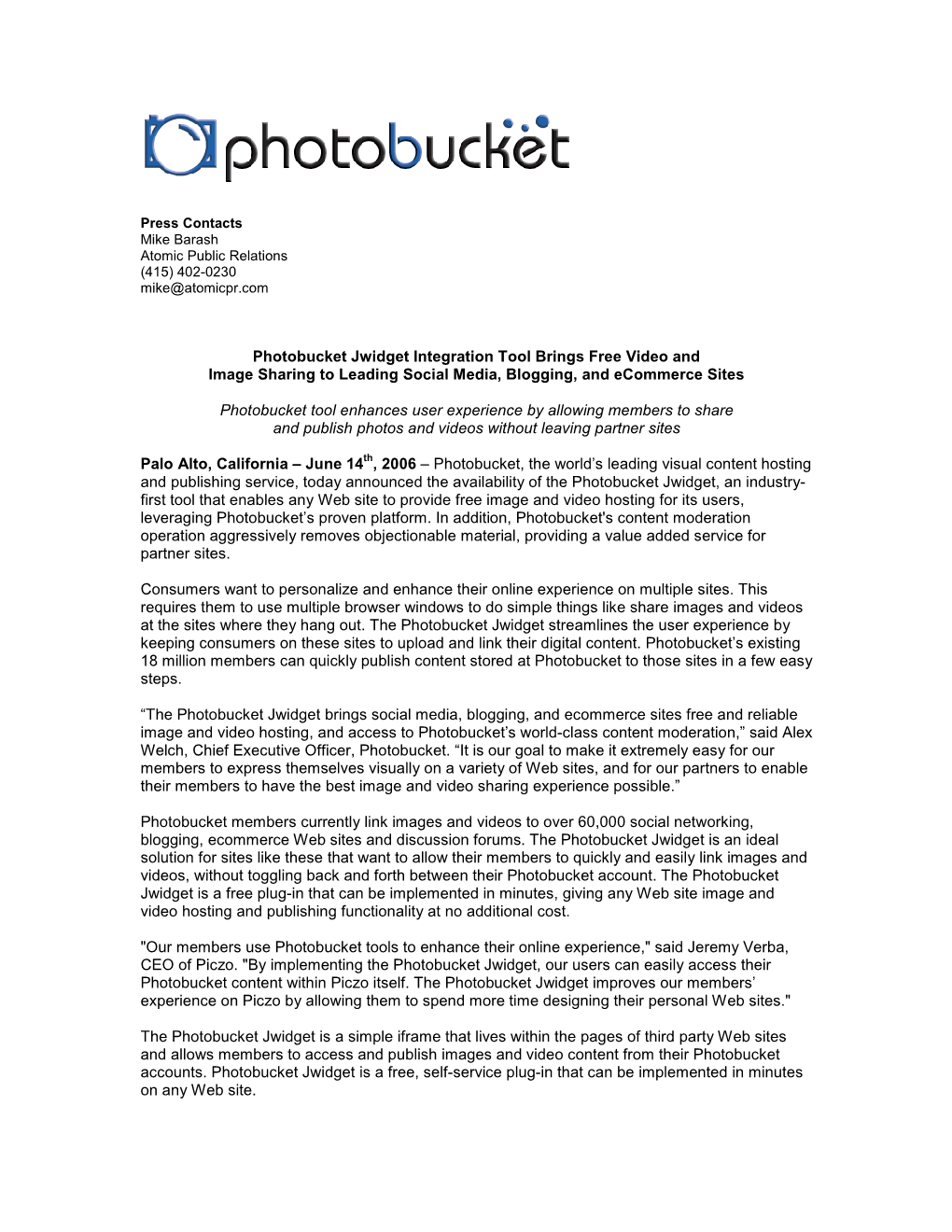 Photobucket Jwidget Press Release