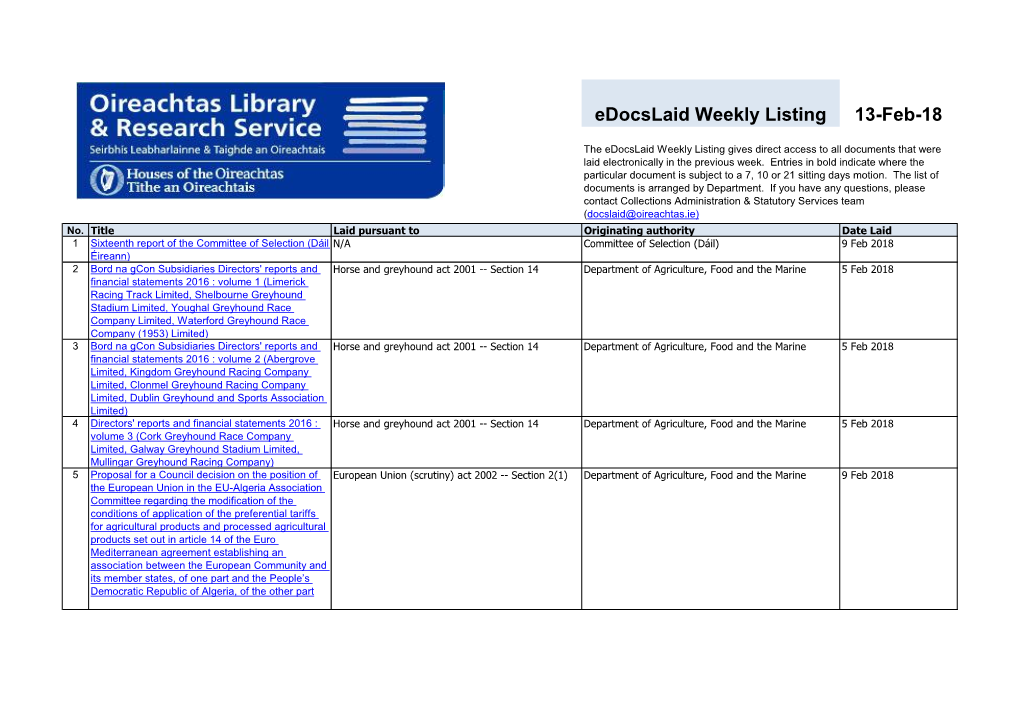 Edocslaid Weekly Listing 13-Feb-18