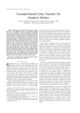 Example-Based Color Transfer for Gradient Meshes Yi Xiao, Liang Wan, Member, IEEE, Chi-Sing Leung, Member, IEEE, Yu-Kun Lai, and Tien-Tsin Wong, Member, IEEE
