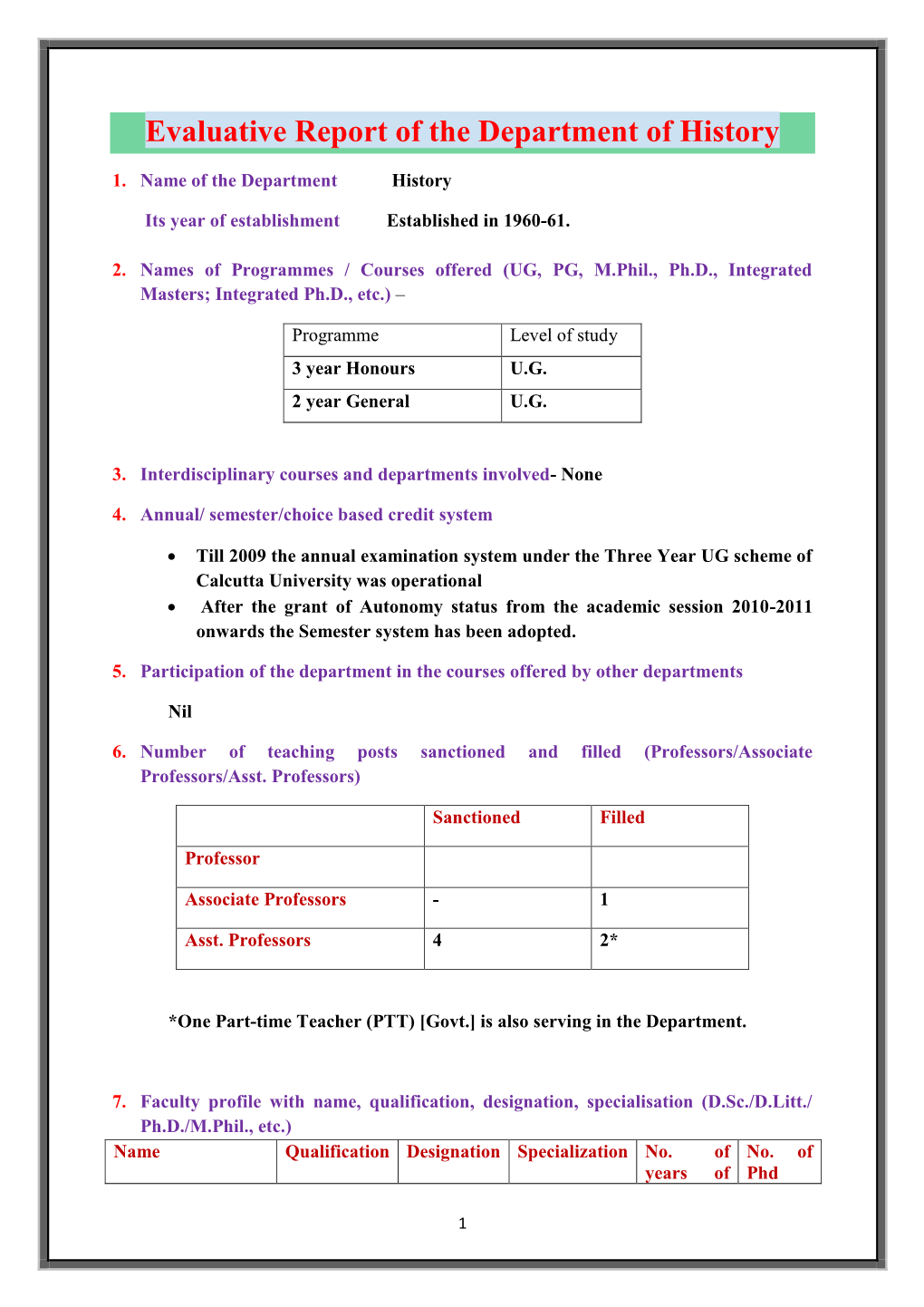 Evaluative Report of the Department of History