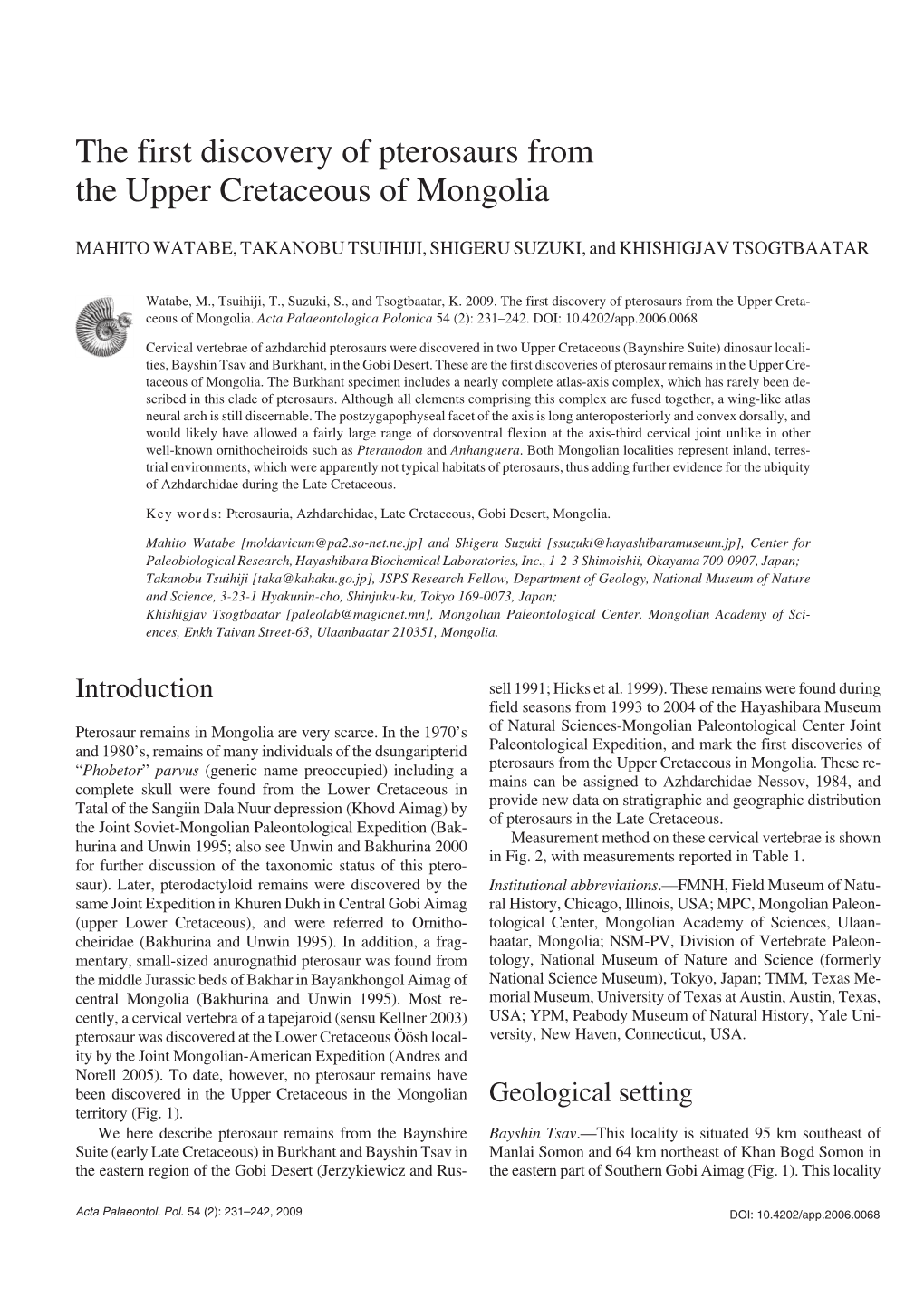 The First Discovery of Pterosaurs from the Upper Cretaceous of Mongolia