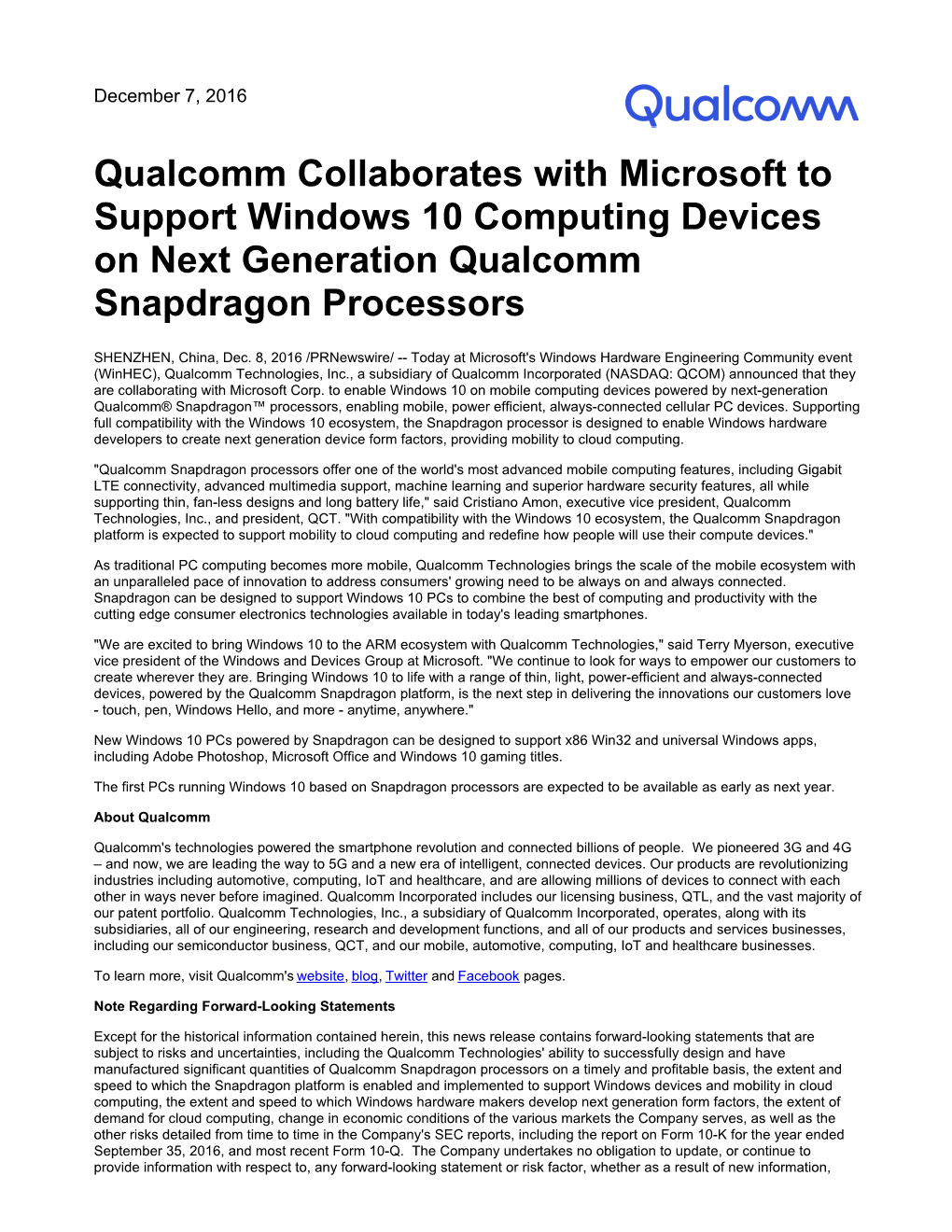 Qualcomm Collaborates with Microsoft to Support Windows 10 Computing Devices on Next Generation Qualcomm Snapdragon Processors