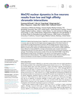 Mecp2 Nuclear Dynamics in Live Neurons Results from Low and High
