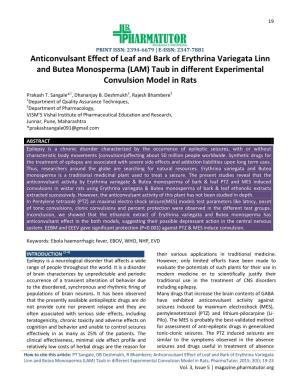Anticonvulsant Effect of Leaf and Bark of Erythrina Variegata Linn and Butea Monosperma (LAM) Taub in Different Experimental Convulsion Model in Rats