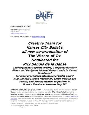 Creative Team for Kansas City Ballet's All New Co-Production Of