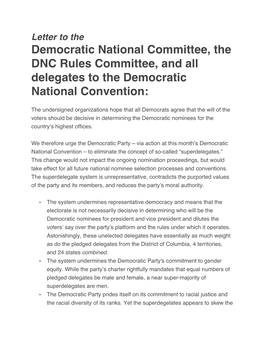 Letter to the Democratic National Committee, the DNC Rules Committee, and All Delegates to the Democratic National Convention