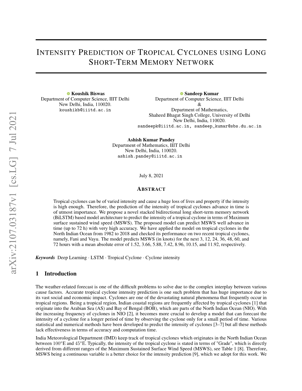 Intensity Prediction of Tropical Cyclones Using Long Short-Term Memory Network