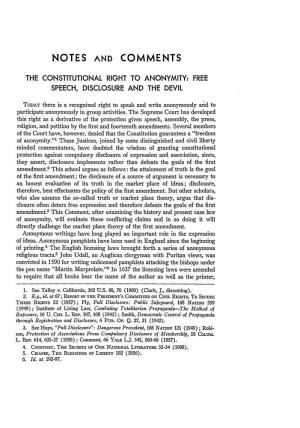 The Constitutional Right to Anonymity: Free Speech, Disclosure and the Devil