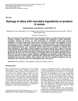 Synergy of Dairy with Non-Dairy Ingredients Or Product: a Review
