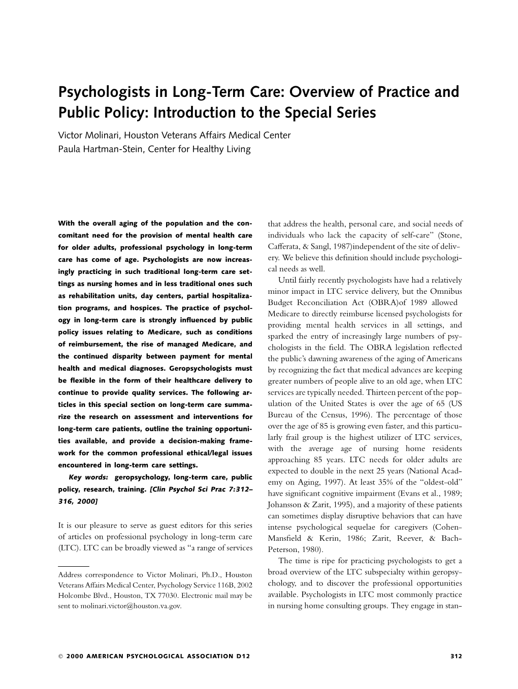 Psychologists in Long-Term Care: Overview of Practice and Public Policy: Introduction to the Special Series