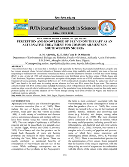 Perception and Knowledge of Bee Venom Therapy As an Alternative Treatment for Common Ailments in Southwestern Nigeria