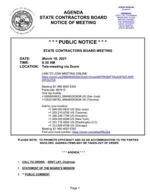 Agenda Members Kent Lay, Chairman Margaret Cavin State Contractors Board Bryan Cowart Joe Hernandez Notice of Meeting Jan B